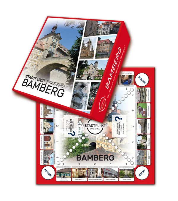 Stadtpunkt Brettspiel Bamberg — Spielverpackung und Spielbrett mit regionalen Sehenswürdigkeiten und Partnerfirmen