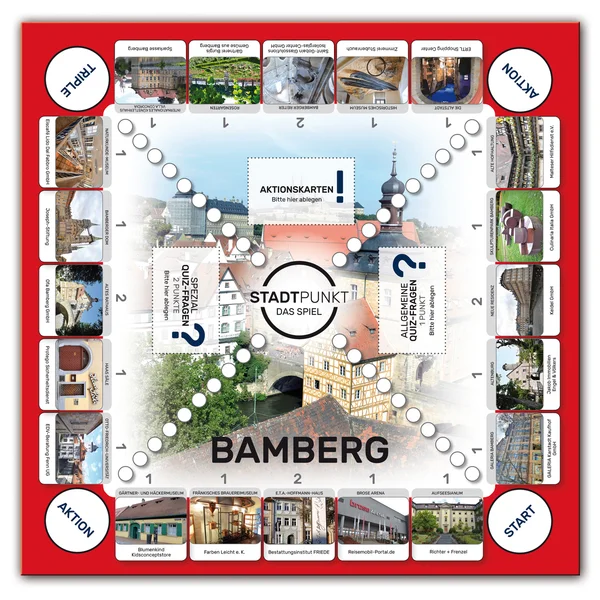 Stadtpunkt Spielbrett Bamberg — Frontalansicht mit Sehenswürdigkeiten, Quizfeldern und Firmenlogos der lokalen Partner